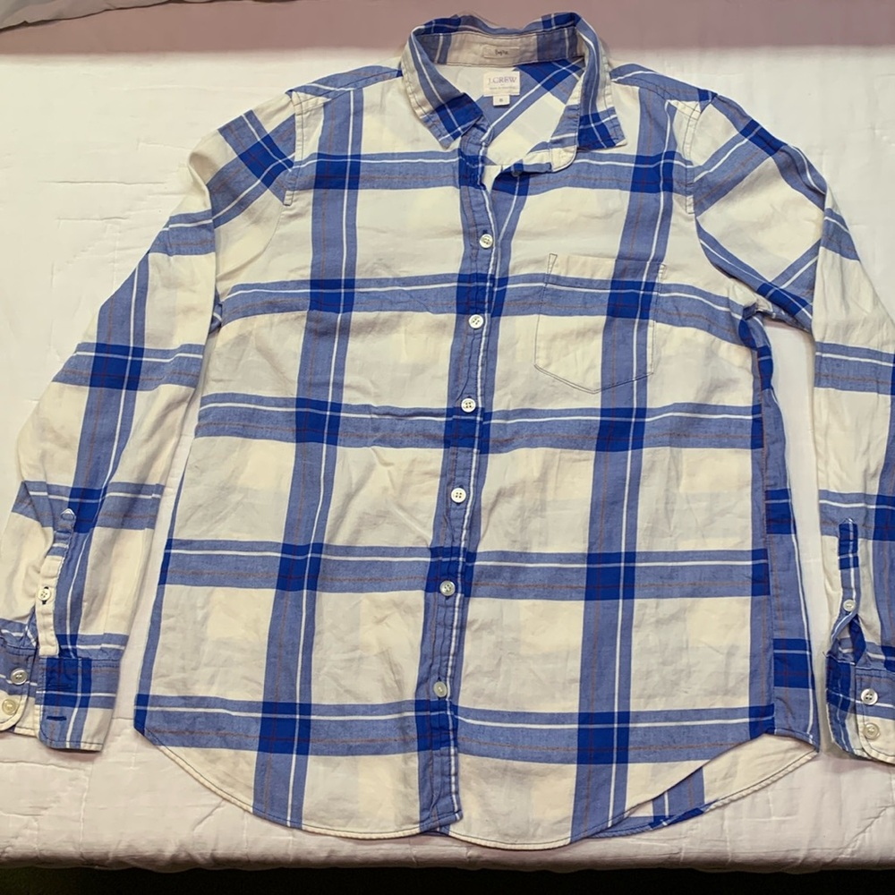 Preppy J.Crew Women's Small Blue & Ivory Plaid Boy-Fit Button-Down Cotton Shirt